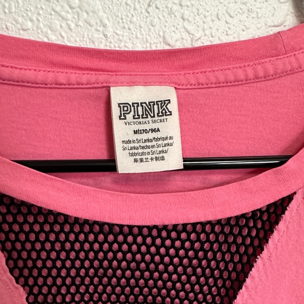 PINK Victoria's Secret Pink Long Sleeve Tee Black Mesh Detail Medium Oversized - Picture 3 of 13